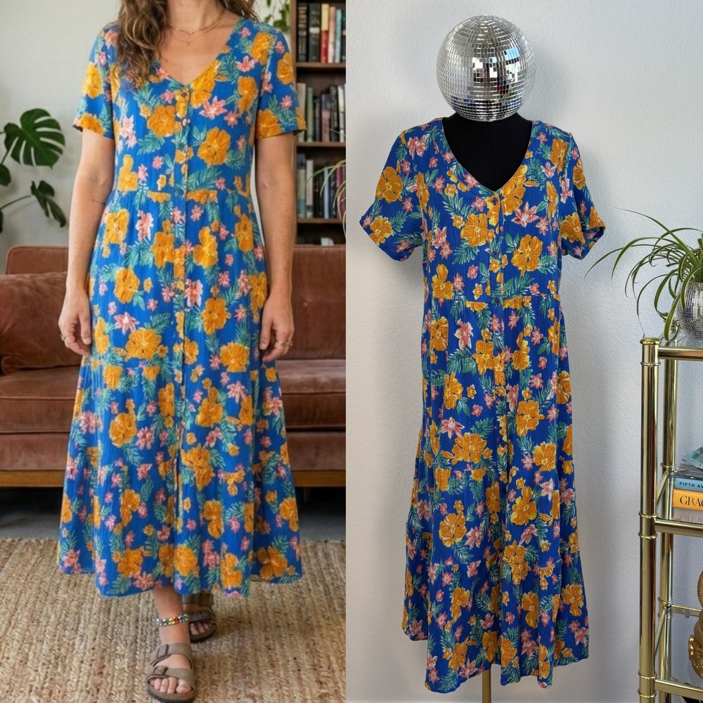 Woman Within Floral Cotton Gauze Tiered Maxi Dress‎ | Button Front Blue 16W